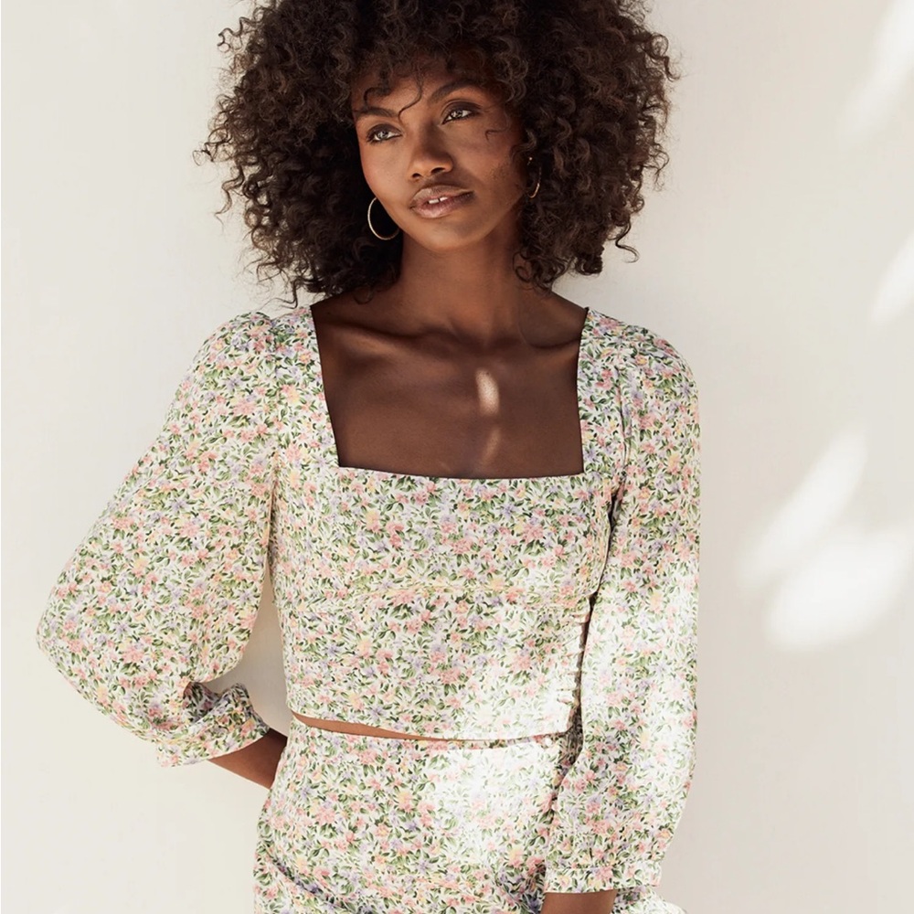 Lulu's Pink & Green Floral Square-Neck Crop Top AND Matching Midi Skirt